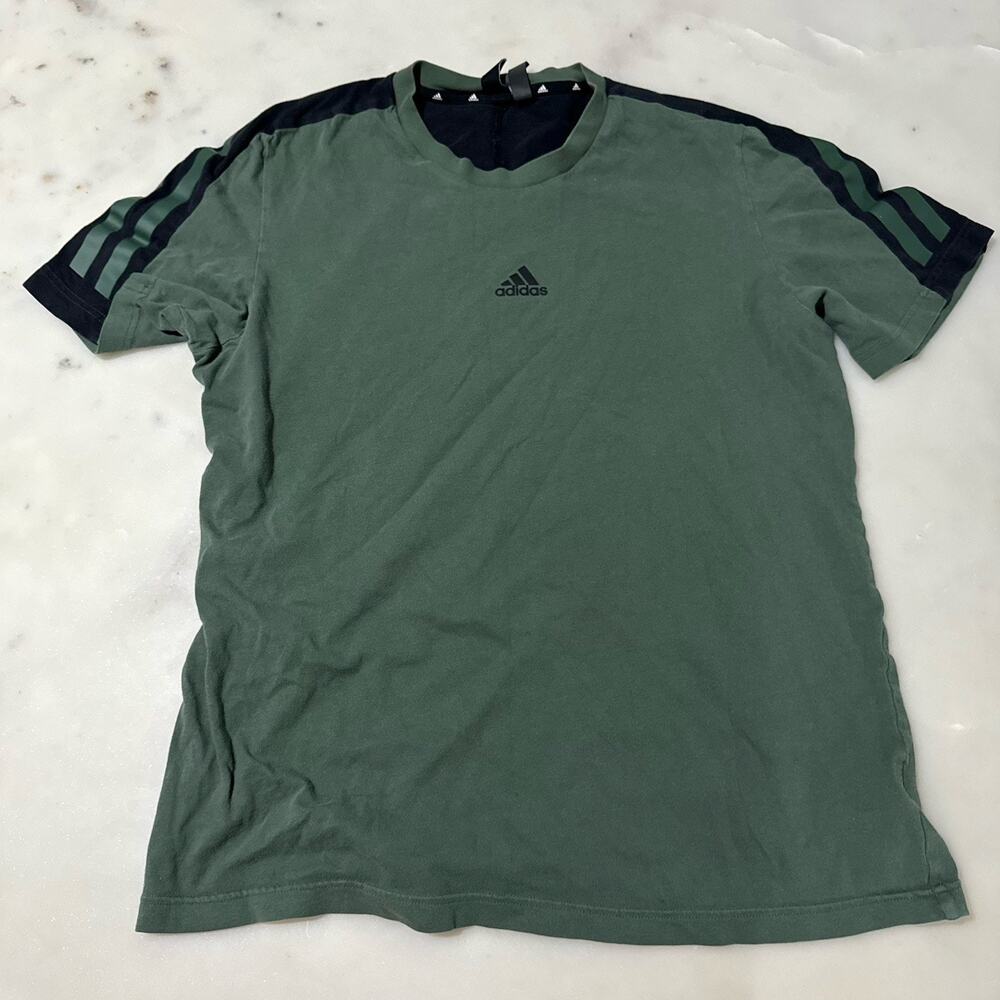 adidas Men’s M 100% Cotton Green Black Striped Short Sleeve Crew Neck T-Shirt